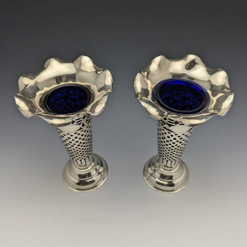1906 British Antique Sterling Silver Large Vase Pair Cobalt Inner